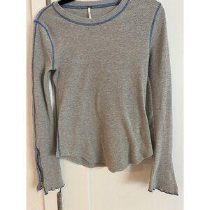 Free People Top Medium Zip It Waffle Thermal Zipper Cuff Long Sleeve Gray/blue